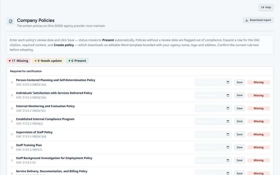 Company Policies in DODD Agency Pro