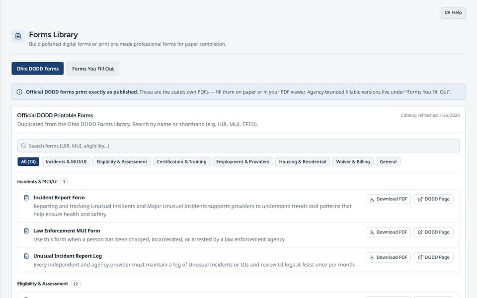 Forms in DODD Agency Pro