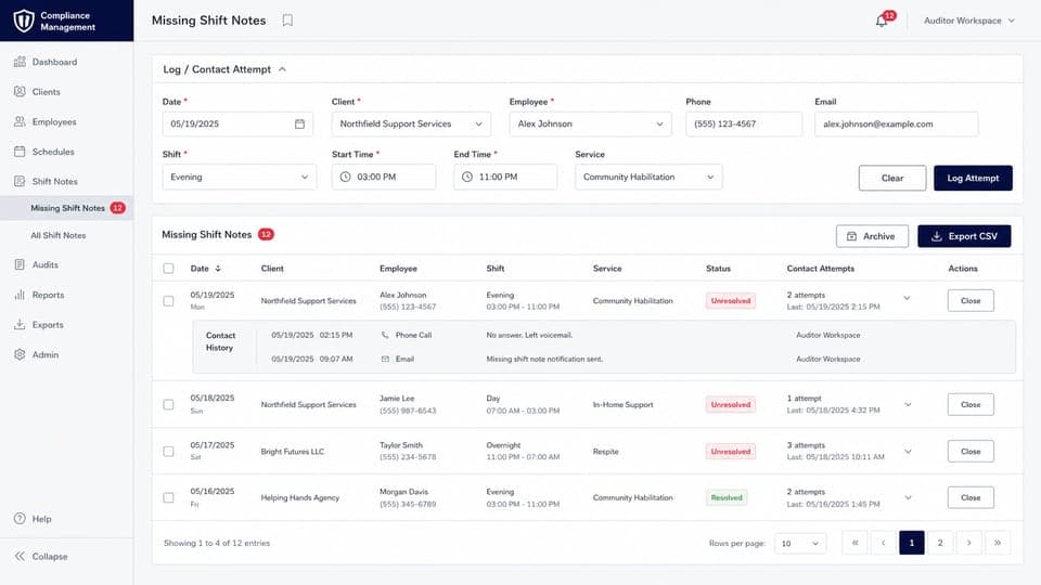 Missing Shift Notes in DODD Agency Pro