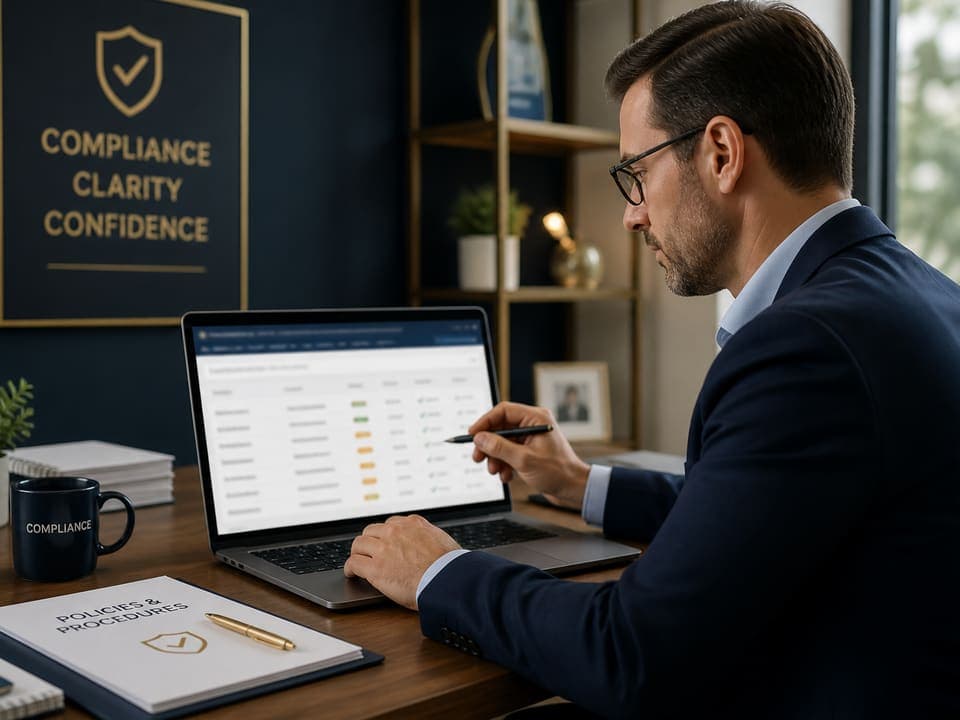 Staff correcting compliance issues at a desk