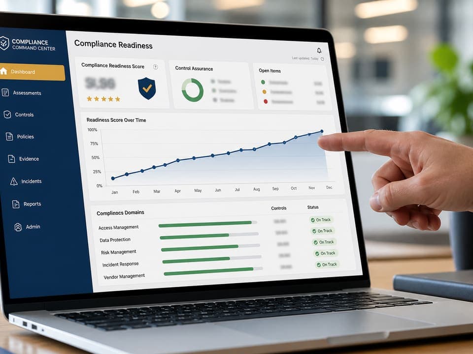 Compliance readiness score trending upward on a dashboard