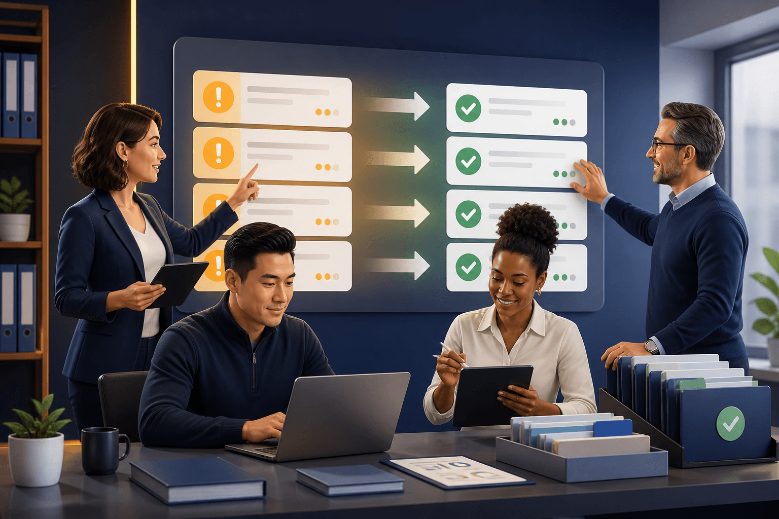 Agency team moving overdue compliance items from alerts to completed and verified status