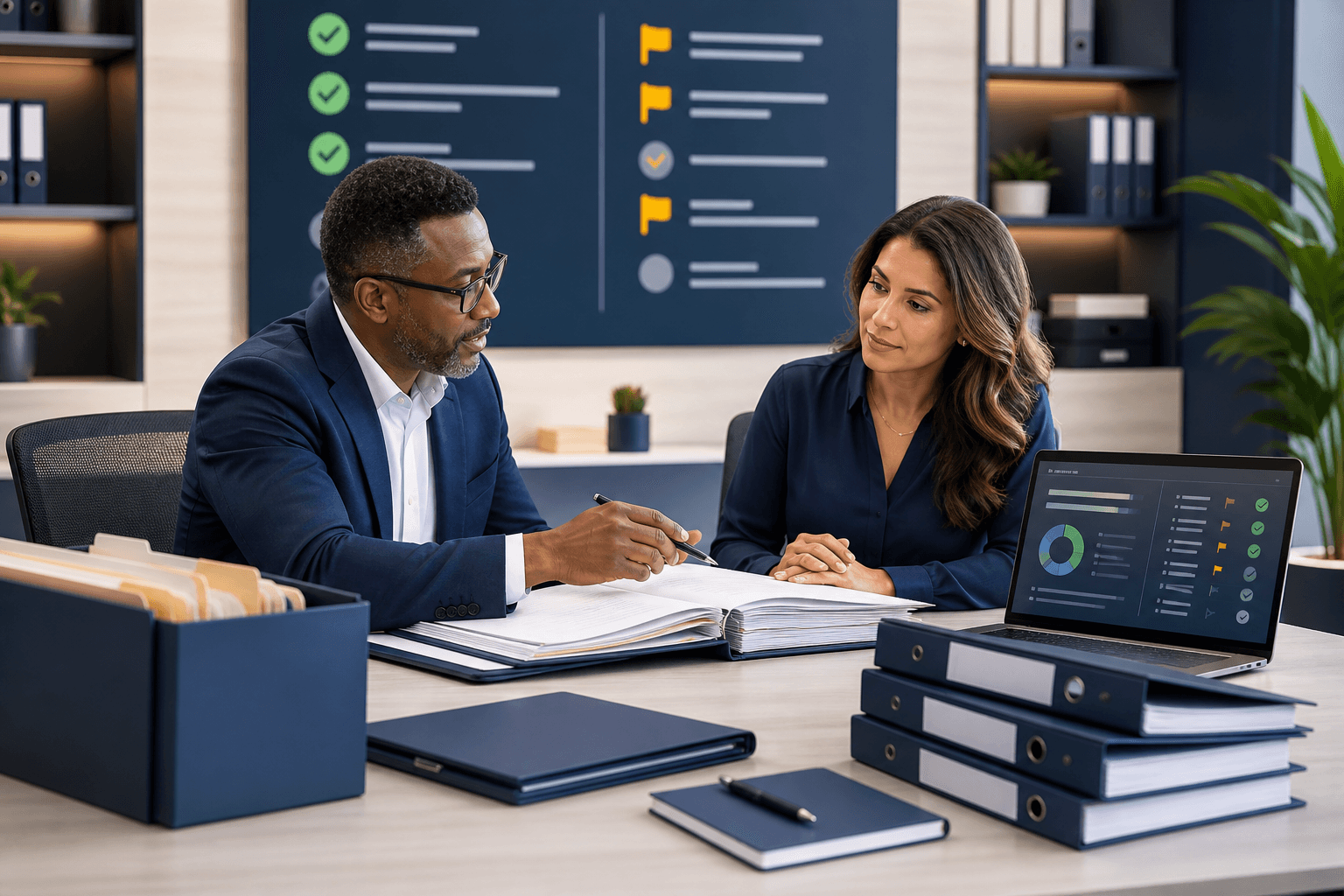 Independent compliance consultant reviewing records and dashboard findings with an agency leader