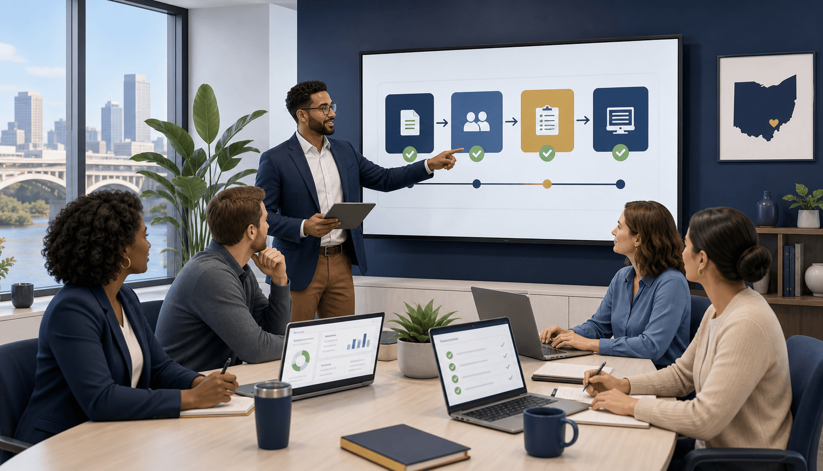 Consultant leading in-person implementation and compliance workflow training with an agency team